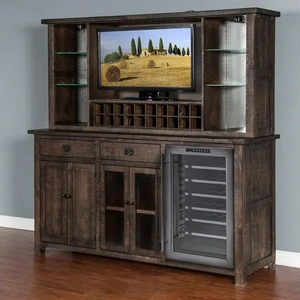 Sunny Designs SM Homestead Wood Buffet & Hutch w/4 Doors, 2 Drawers, 20 Wine Bottle Storage & LED Light, Tobacco Leaf