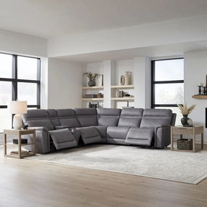 Liberty Furniture Cooper Leather 6-Piece Power Reclining Sectional w/USB Chargers, Blue Gray