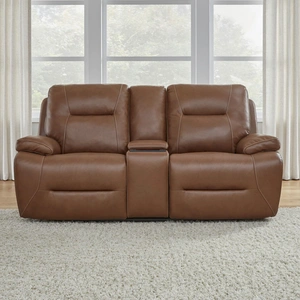 Liberty Furniture Cameron Leather Power Reclining Living Room Set | Charcoal, Dakota Saddle