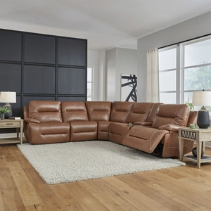 Liberty Furniture Cameron Leather 6-Piece Power Reclining Sectional w/USB Chargers, Dakota Saddle