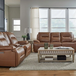 Liberty Furniture Cameron Leather Power Reclining Living Room Set | Charcoal, Dakota Saddle