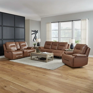 Liberty Furniture Cameron Leather Power Reclining Living Room Set | Charcoal, Dakota Saddle