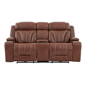 Liberty Furniture Caswell Leather Power Reclining Loveseat w/Console & USB Chargers, Nature Chestnut
