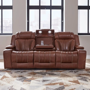 Liberty Furniture Caswell Leather Power Reclining Sofa w/USB Chargers, Nature Chestnut
