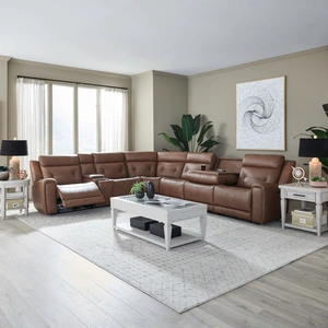Liberty Furniture Beckham Leather 7-Piece Power Reclining Sectional w/USB Chargers, Aline Saddle