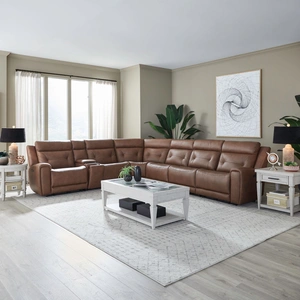 Liberty Furniture Beckham Leather 7-Piece Power Reclining Sectional w/USB Chargers, Aline Saddle