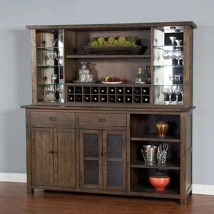 Sunny Designs SM Homestead Wood Buffet & Hutch w/4 Doors, 2 Drawers, 20 Wine Bottle Storage & LED Light, Tobacco Leaf