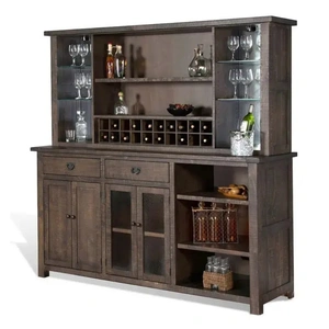 Sunny Designs SM Homestead Wood Buffet & Hutch w/4 Doors, 2 Drawers, 20 Wine Bottle Storage & LED Light, Tobacco Leaf