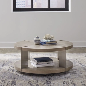 Liberty Furniture Harlow Round MDF/Metal Cocktail Table w/Casters, Sandstone/Satin Nickel