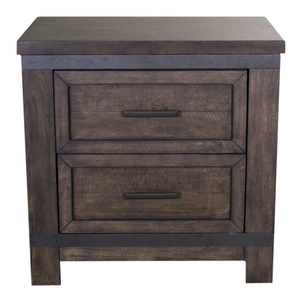 Liberty Furniture Thornwood Hills Wood 2-Drawer Night Stand w/Hammered Metal Strip Accents, Rock Beaten Brown/Saw Cuts
