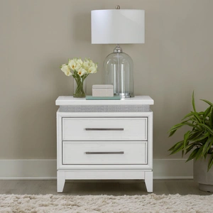 Liberty Furniture Reflections Wood 2-Drawer Nightstand w/Lights & Charging Station, Pearl White/Rhinestone