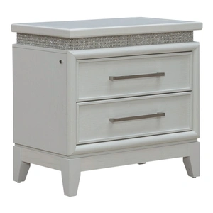 Liberty Furniture Reflections Wood 2-Drawer Nightstand w/Lights & Charging Station, Pearl White/Rhinestone
