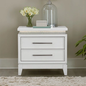 Liberty Furniture Reflections Wood 2-Drawer Nightstand w/Lights & Charging Station, Pearl White/Rhinestone
