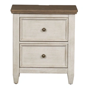 Liberty Furniture Heartland Wood 2-Drawer Night Stand w/Charging Station, Antique White/Tobacco
