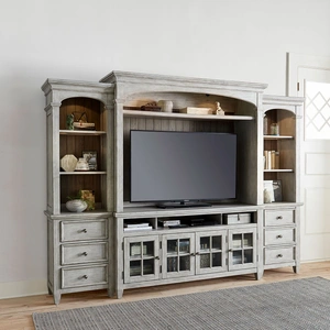 Liberty Furniture Heartland Entertainment Center with Piers | Vintage Style, Antique White/Tobacco