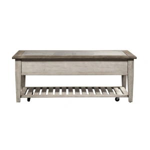 Liberty Furniture Heartland Rectangular Glass/Wood 2-Drawer Ceiling Tile Cocktail Table, Antique White/Tobacco