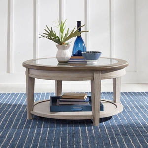 Liberty Furniture Heartland Round Glass/Wood Ceiling Tile Cocktail Table, Antique White/Tobacco