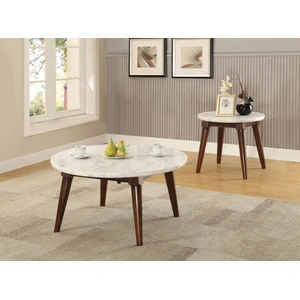 ACME Gasha Marble/Wood Round Coffee Table Set, White/Walnut