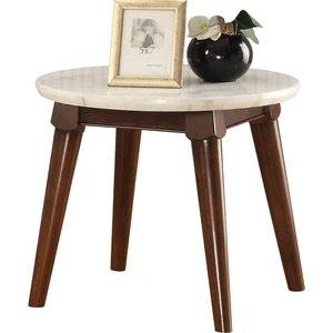 ACME Gasha Marble/Wood Round End Table, White/Walnut