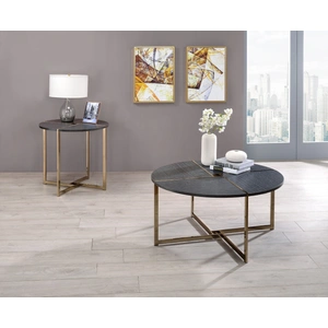 ACME Bromia Wood/Metal Round End Table, Black/Champagne