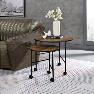ACME Oblis 2-Piece Wood/Metal Round Nesting Coffee Table w/Castors, Brown