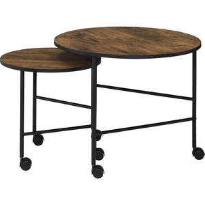 ACME Oblis 2-Piece Wood/Metal Round Nesting Coffee Table w/Castors, Brown