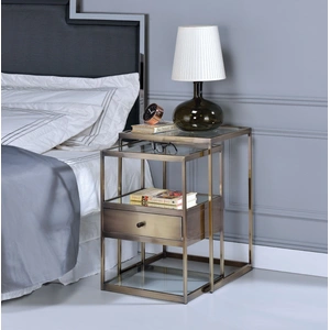 ACME Enca 2-Piece Glass/Metal Nesting Tables Set, Antique Brass