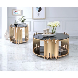 ACME Tanquin Glass/Metal Round Coffee Table Set, Black/Gold