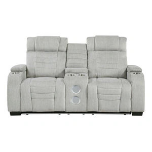 Homelegance Ronan Microfiber Double Reclining Loveseat with Center Console & LED Lighting, Light Gray