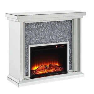 ACME Glam Noralie 90455 Mirror/Faux Diamonds LED Fireplace w/ Adjustable Temperature & Timer