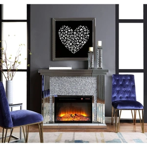 ACME Glam Noralie 90455 Mirror/Faux Diamonds LED Fireplace w/ Adjustable Temperature & Timer