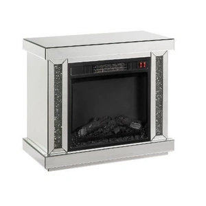 ACME Glam Noralie 90864 Mirror/Faux Diamonds LED Fireplace w/ LED Lighting, Remote Control & Timer