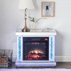 ACME Glam Noralie 90864 Mirror/Faux Diamonds LED Fireplace w/ LED Lighting, Remote Control & Timer