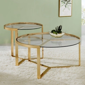 Coaster Delia 2-piece Round Nesting Table with Glass Top, Clear/Gold