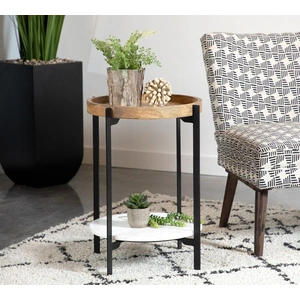 Coaster Adhvik Wood Round Accent Table with Marble Shelf, Natural/White/Black