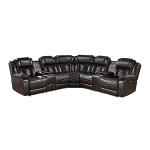 Homelegance Ramone L-Shaped Faux Leather 3‑Piece Power Reclining Sectional with Consoles, Speakers, Subwoofer & LED Lighting, Dark Brown