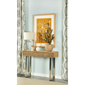 Coaster Draco Wood Console Table with Hand Carved Drawers & Stainless Steel Frame, Natural/Silver
