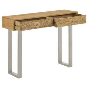 Coaster Draco Wood Console Table with Hand Carved Drawers & Stainless Steel Frame, Natural/Silver