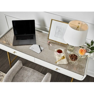 Universal Furniture Allure Wood/Metal/Glass Vanity Desk w/2 Drawers, White Lacquer