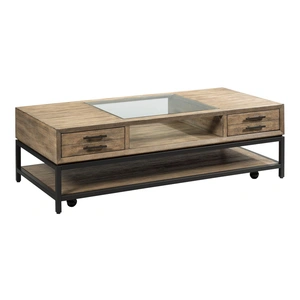 Hammary Jefferson Wood Rectangular Coffee Table w/2 Drawers, Natural Waxed Beige/Dark Bronze