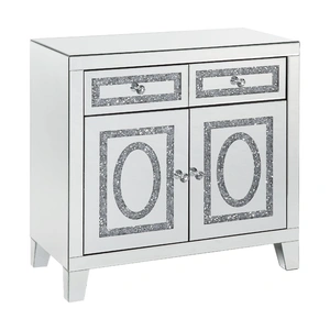 ACME Glam Noralie Mirrored/Faux Diamonds Cabinet w/2 Drawers & 2 Doors