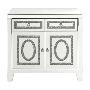ACME Glam Noralie Mirrored/Faux Diamonds Cabinet w/2 Drawers & 2 Doors