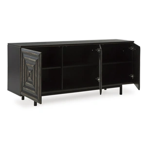Ashley Furniture Fair Ridge 3-Door Accent Cabinet | Geometric Black Storage, Distressed Black