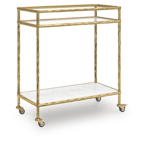 Ashley Furniture Plattfield Aluminum 2-Tier Bar Cart - Antique Gold & Marble, Antique Gold Finish