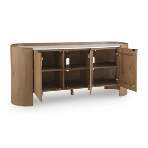 Ashley Furniture Fitzroy 3-Door Accent Cabinet | Solid Mango Wood & Marble Top, Brown/White