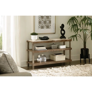 Hammary Amara Rectangular Travertine/Wood/Metal Sofa Table, Taupe/Aged Gunmetal