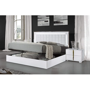 J&M Furniture Alice Wood Veneer Storage Bed w/Tufted Leatherette Headboard, Queen Size, White High Gloss