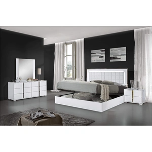 J&M Furniture Alice Wood Veneer Storage Bed w/Tufted Leatherette Headboard, Queen Size, White High Gloss