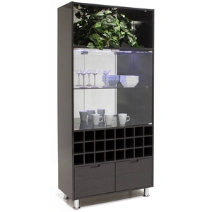 Sharelle Furnishings Basel 2-Door 2-Drawer Lacquer Bar Wall w/Wine Bottle Holders & LED Light, Gray Oak