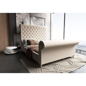 Manhattan Comfort Empire Fabric Tufted Sleigh Full Size Bed, Cream/Natural
